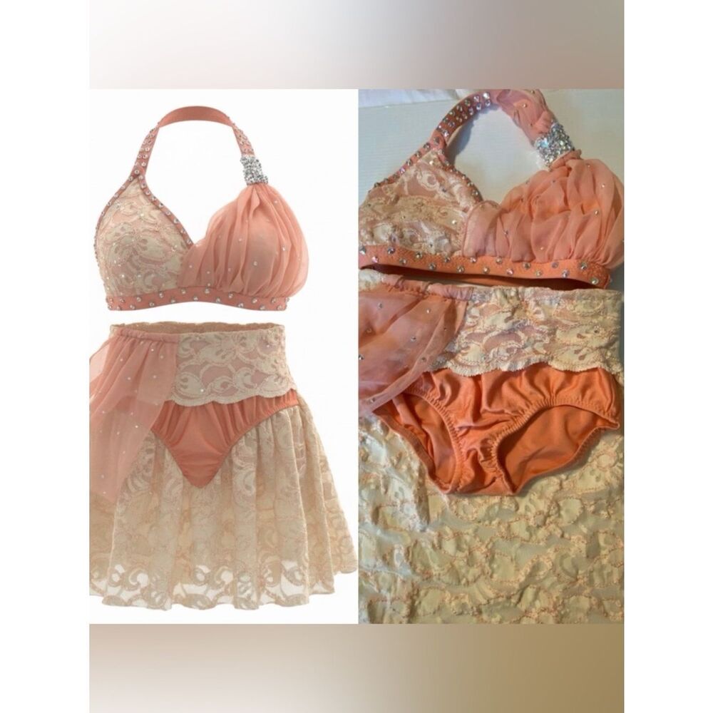 Custom made dance costume blush peach lace rhinestone 2 piece child IC/MC medium